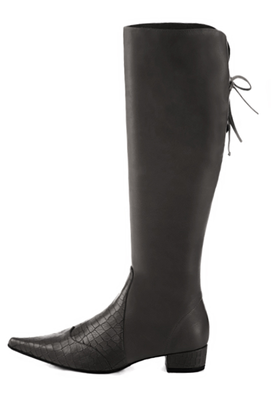 Dark grey women's knee-high boots, with laces at the back. Pointed toe. Low block heels. Made to measure. Profile view - Florence KOOIJMAN